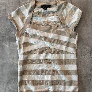 White House Black Market Bodycon Top Beige White Striped Cap Sleeve M